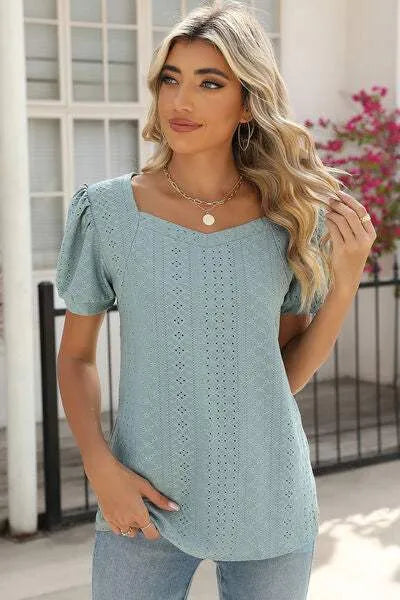 Eyelet Puff Sleeve T-Shirt Women's T-Shirts - Tophatter Daily Deals